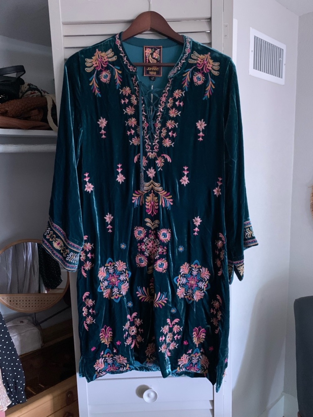 Johnny Was Teal Velvet Embroidered Tunic Dress with Pink & Gold Accents